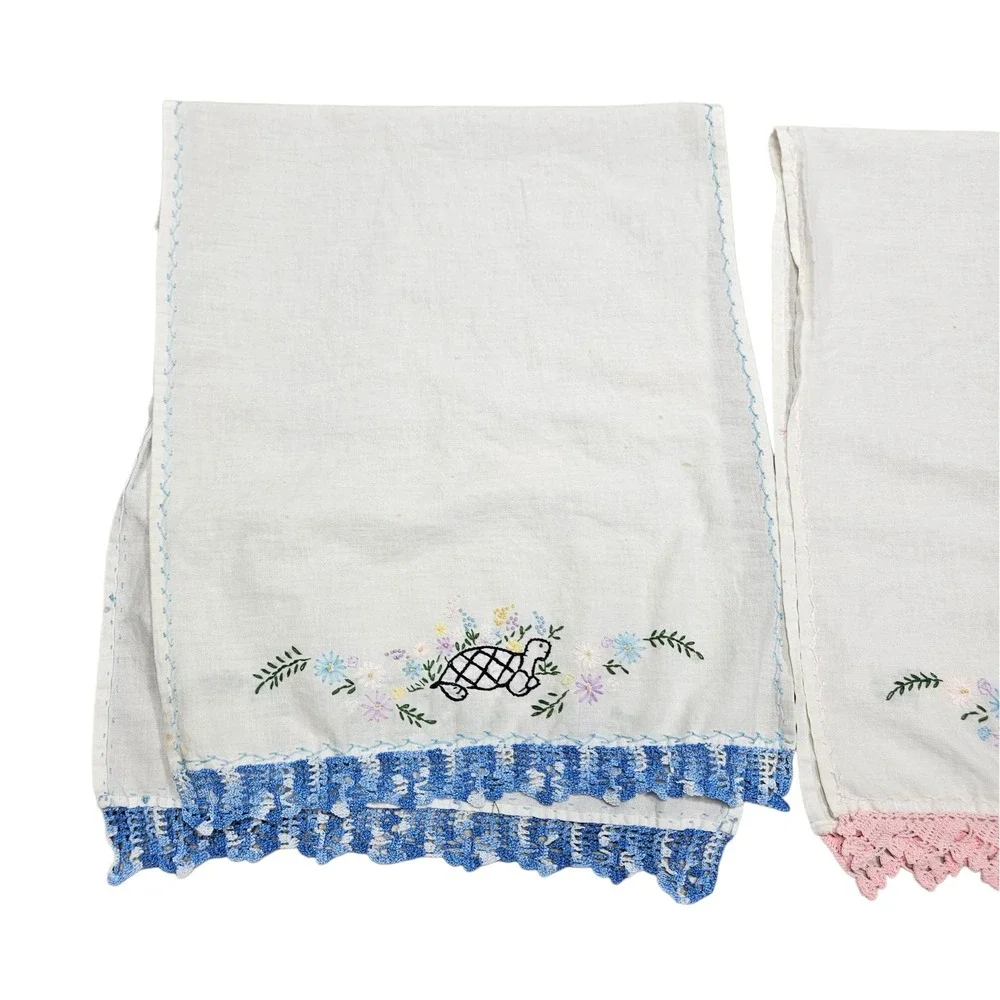 Embroidered Cotton Hand Towels Set of 2 Turtle Humpty Dumpty Pink Blue Lace Trim